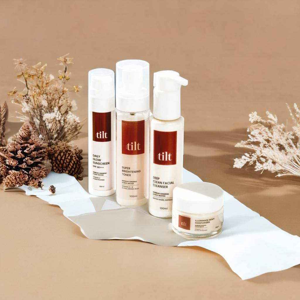 Tilt product range — Sunscreen, Toner, Cleanser, Moisturizer